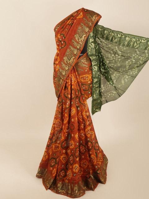 

Pothys Rust & Green Bandhani Printed Art Silk Saree