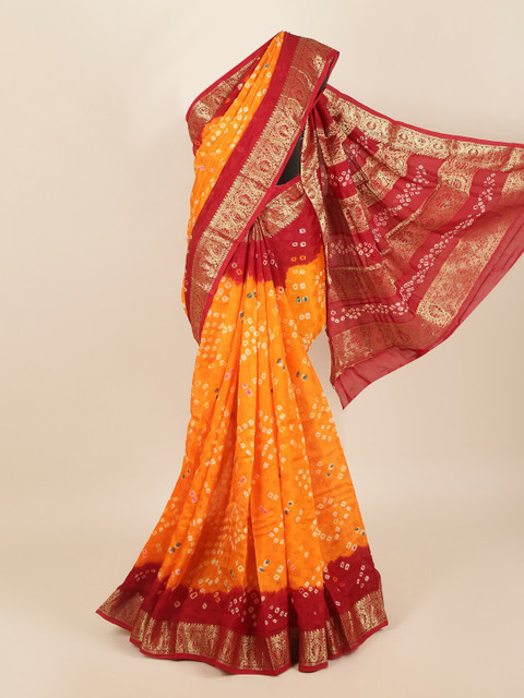 

Pothys Orange & Red Bandhani Printed Zari Border Art Silk Saree