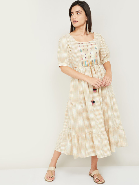 

Colour Me by Melange Beige Checked & Embroidered Fit & Flare Midi Dress With Waist Tie-Up