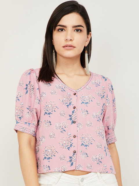 

Colour Me by Melange Pink Floral Puff Sleeve Linen Regular Crop Top