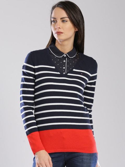 

Tommy Hilfiger Women Navy Striped Sweater, Navy blue