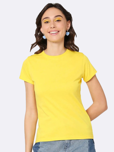 

Bewakoof Women Cotton Yellow Solid Pure Cotton T-shirt