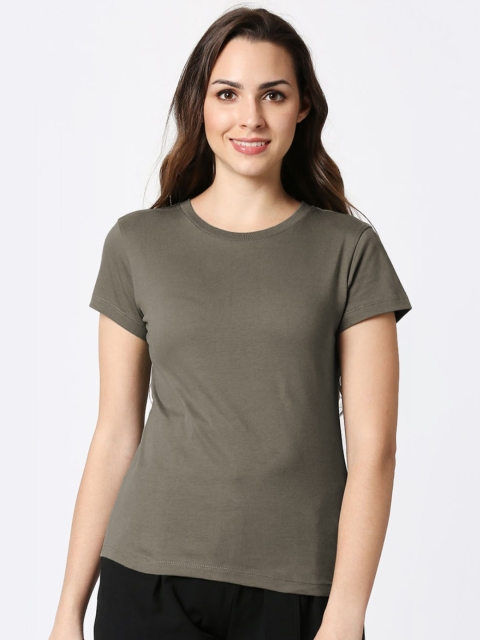 

Bewakoof Women Cotton Olive Green Solid Pure Cotton T-shirt