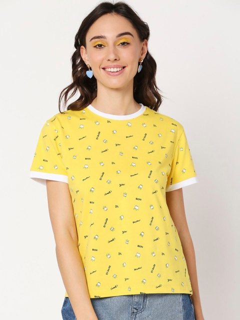 

Bewakoof Women Cotton Yellow Printed Pure Cotton T-shirt