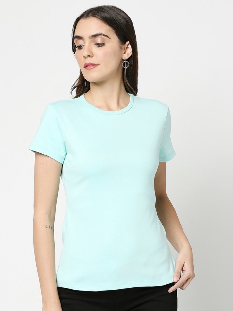 

Bewakoof Women Cotton Sea Green Solid Slim Fit Pure Cotton T-shirt