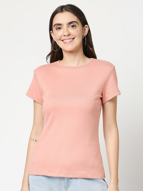 

Bewakoof Women Cotton Pink Solid Slim Fit Pure Cotton T-shirt