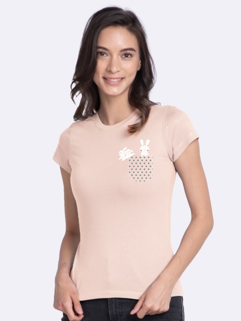 

Bewakoof Women Pink Printed Slim Fit Pure Cotton T-shirt
