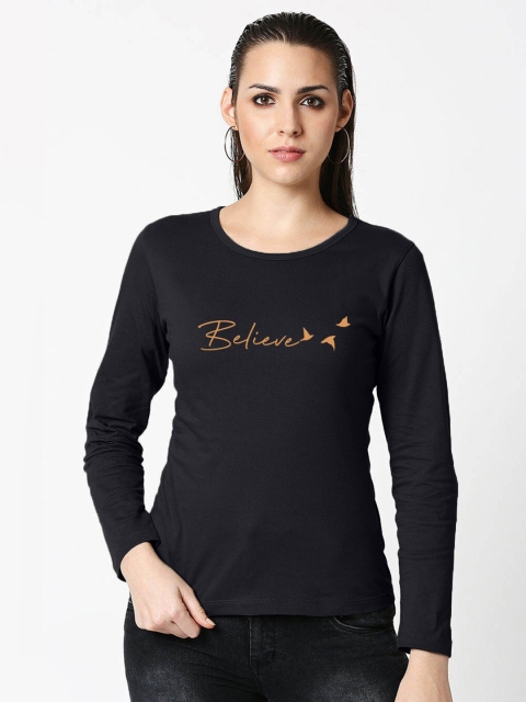 

Bewakoof Women Black Typography Printed Slim Fit Pure Cotton T-shirt