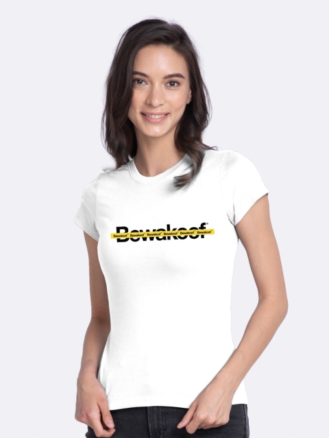 

Bewakoof Women White Typography Printed Slim Fit T-shirt