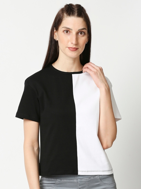 

Bewakoof Women Black & White Colourblocked Extended Sleeves Raw Edge Boxy T-shirt