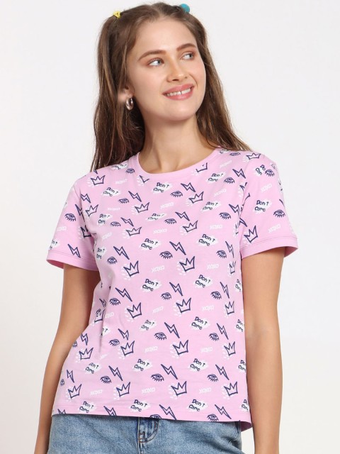 

Bewakoof Women Pink Printed Raw Edge Pure Cotton T-shirt