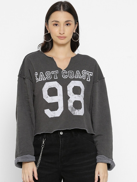 

FOREVER 21 Charcoal Keyhole Neck Extended Sleeves Boxy Crop Top