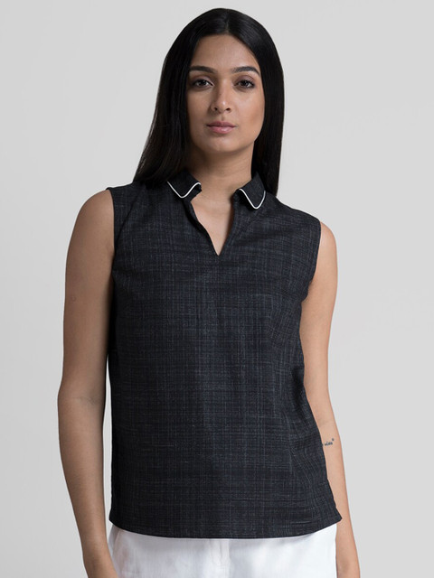 

FableStreet Women Cotton Black Shirt Collar Blouson Top