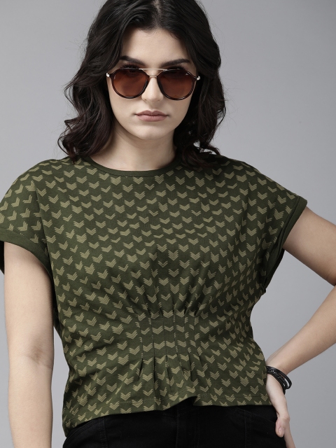 

Roadster Women Olive Green Printed Pure Cotton Crop Top With Pin Tucks