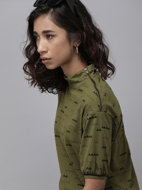 

Roadster Women Olive Green & Black Geometric Printed High Neck Regular Top