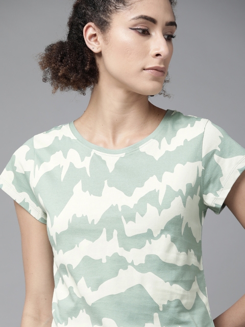 

Roadster Women Green & Cream-Coloured Pure Cotton Printed Top