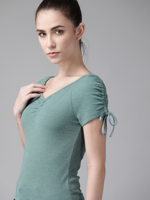

Roadster Sea Green Ribbed Ruched Sweetheart Neck Top
