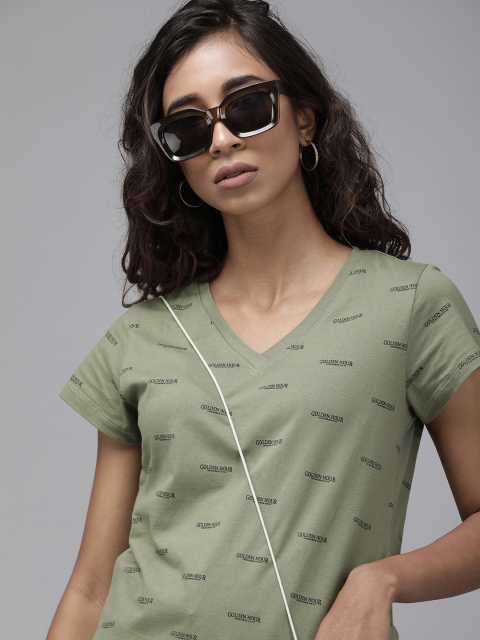 

Roadster Women Green Typography Printed Pure Cotton V-Neck T-shirt