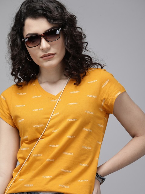 

Roadster Golden Yellow Typographic Patterned Pure Cotton Regular Top