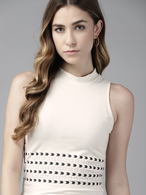 

Roadster Beige & Black Geometric Print Regular Crop Top