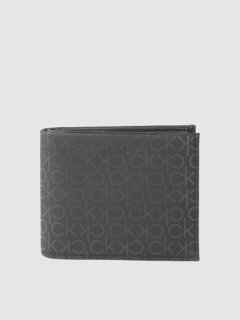 

Calvin Klein Men Black Brand Logo Print Leather Two Fold Wallet with RFID