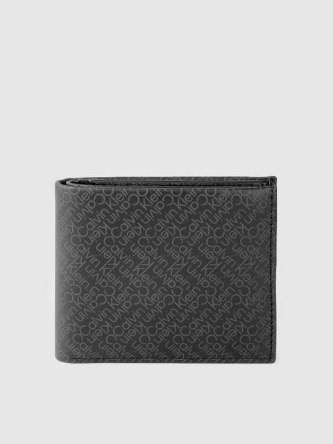 

Calvin Klein Men Black & Grey Brand Logo Print Leather Two Fold Wallet with RFID