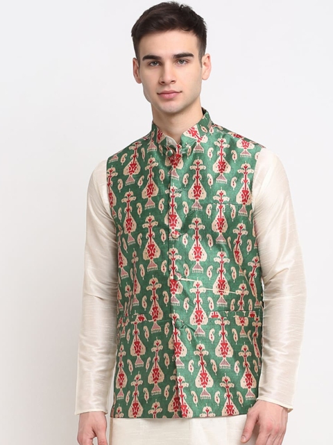 

Jompers Men Green & Beige Digital Printed Satin Nehru Jacket