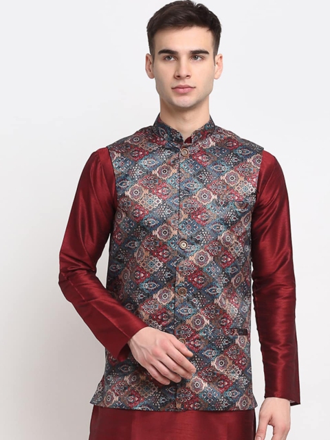 

Jompers Men Blue & Red Digital Printed Satin Nehru Jacket