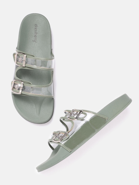 

DressBerry Women Transparent & Green Solid Flip Flops with Buckle Detail