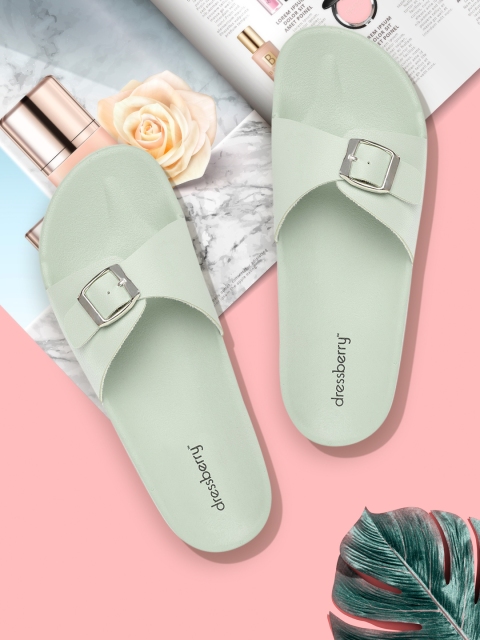 

DressBerry Women Green Open Toe Flats with Buckles
