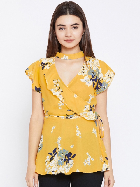 

PANIT Yellow Floral Choker Neck Flutter Sleeve Crepe Wrap Top