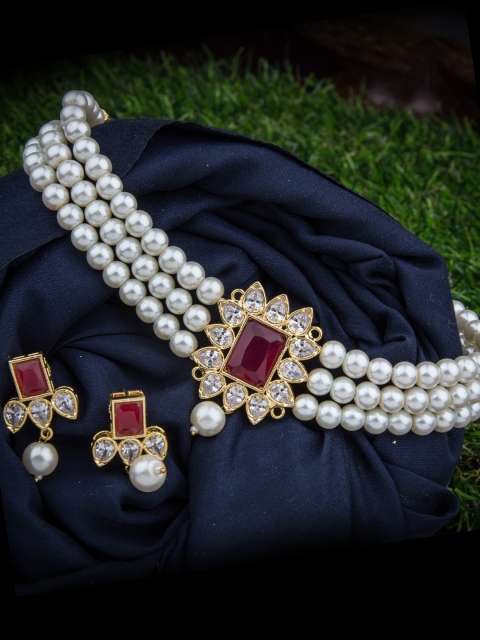 

Alankruthi Gold-Plated White & Magenta Pink CZ Ruby-Studded Pearl Beaded Temple Jewellery Set