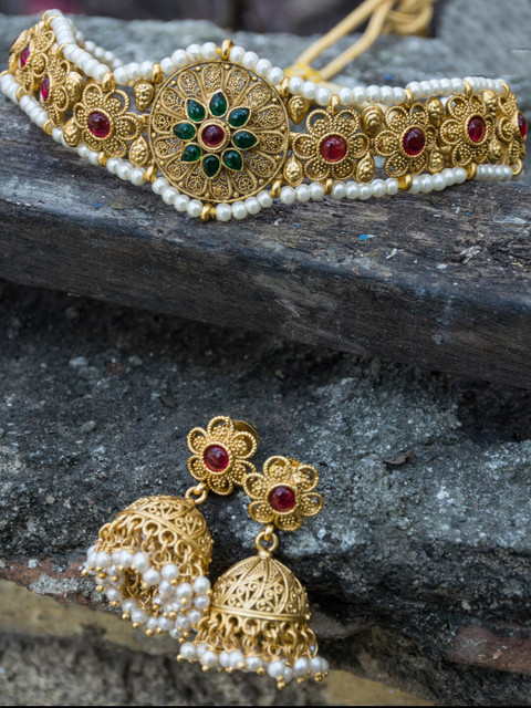 

Alankruthi Gold-Plated Pink & Green Stone-Studded & Pearl Beaded Temple Jewellery Set