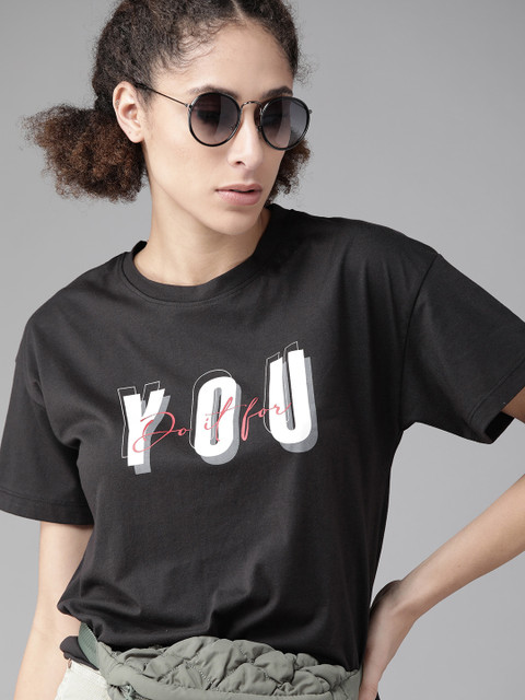 

Roadster Women Black & White Typography Printed T-shirt
