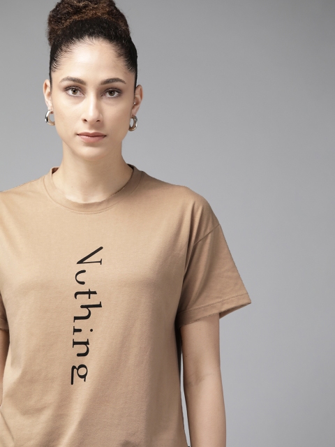 

Roadster Women Beige & Black Typography Printed Pure Cotton T-Shirt