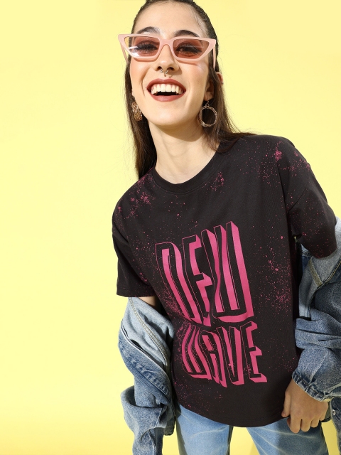 

Roadster Women Black & Pink Typography Printed Casual Boxy T-shirt