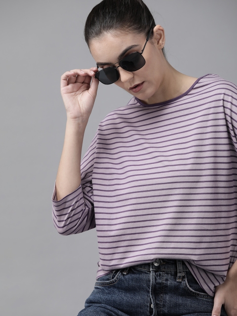 

Roadster Women Lavender Striped Pure Cotton Relaxed Yarn Dyed T-shirt