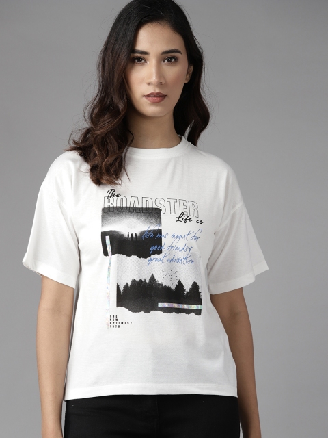 

Roadster Women White & Black Printed Extended Sleeves Monochrome T-shirt