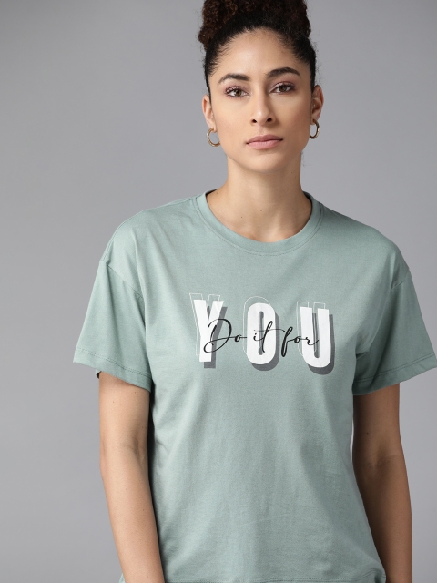 

Roadster Women Blue & White Typography Printed Drop-Shoulder Sleeves Boxy Fit T-shirt