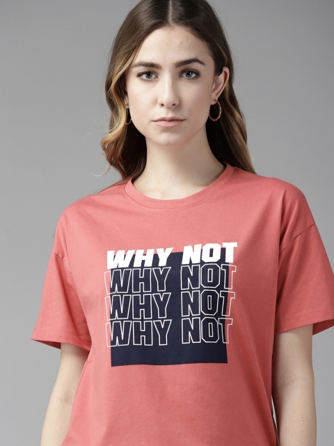 

Roadster Women Coral Pink Boxy Fit Printed T-shirt