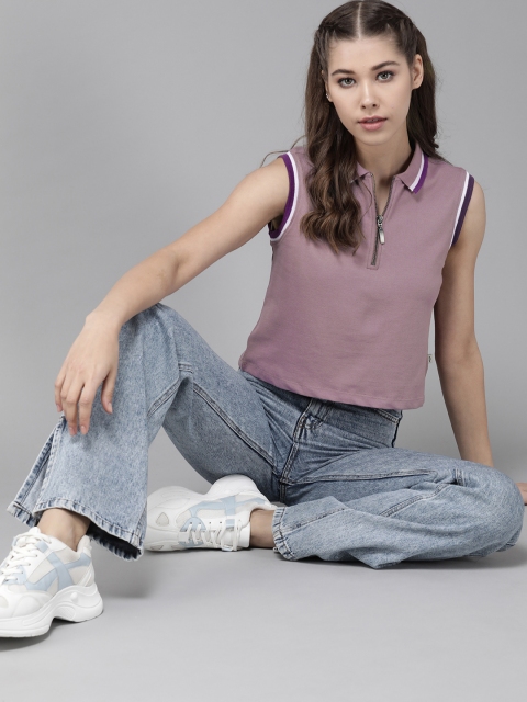 

Roadster Women Mauve Solid Polo Collar T-shirt