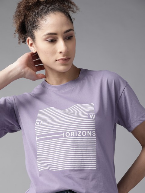 

Roadster Women Purple & White Striped Drop-Shoulder Sleeves Boxy Fit T-shirt