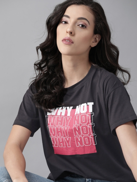 

Roadster Women Charcoal Grey Typography Printed T-shirt