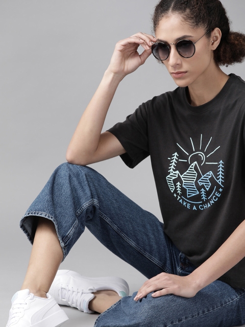 

Roadster Women Black & Blue Printed T-shirt
