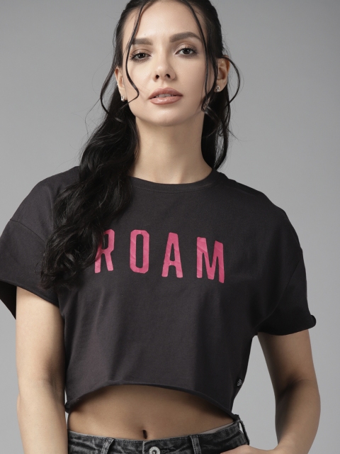 

Roadster Women Black Printed Cropped T-shirt