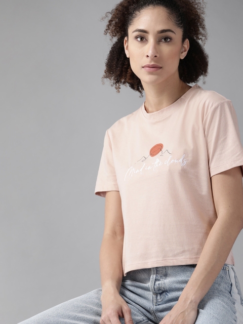 

Roadster Women Peach-Coloured & White Typography Printed T-shirt