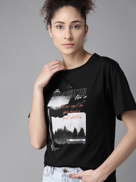 

Roadster Women Black & Grey Printed Drop-Shoulder Sleeves Boxy Fit T-shirt