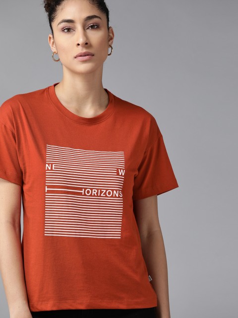 

Roadster Women Rust Orange & White Printed Drop-Shoulder Sleeves Boxy Fit T-shirt