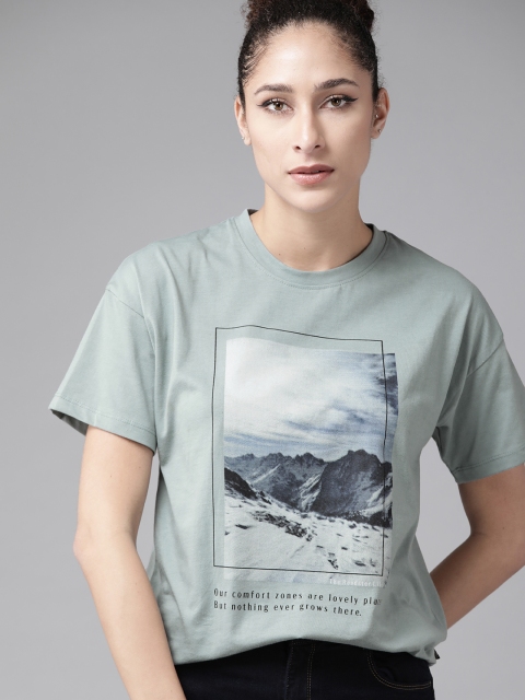 

Roadster Women Green & Blue Printed Boxy T-shirt