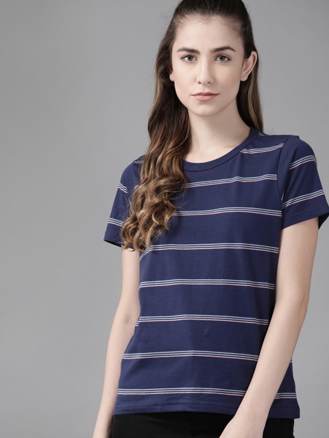 

Roadster Women Navy Blue & Grey Cotton Striped T-shirt